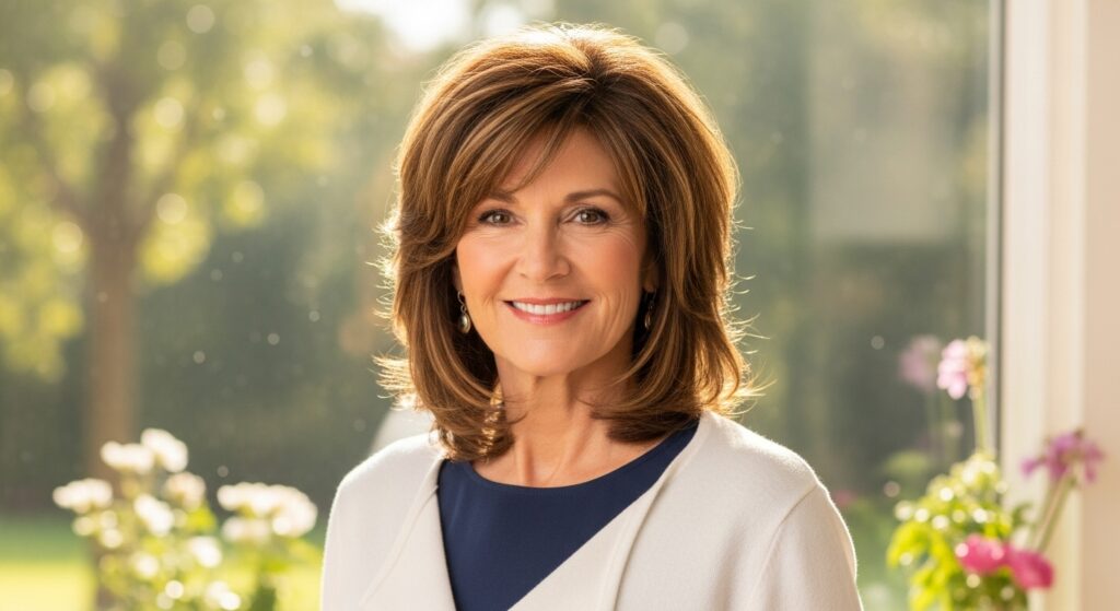 "Middle-aged woman projecting a warm smile with her soft and medium layered haircut"

