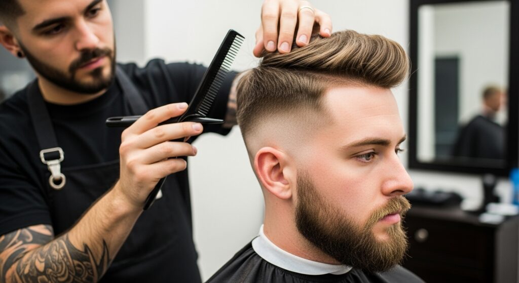 Male barber using clipper to apply high fade on a male client while he sports a neat beard.