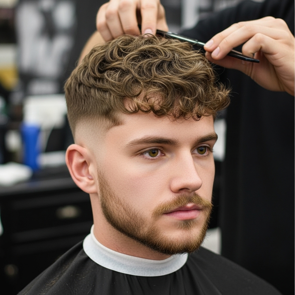 A barber creating a new hairstyle on a customer in a form of a broccoli.