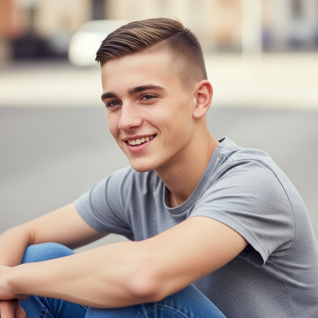 boy with clean short crew cut hairstyle