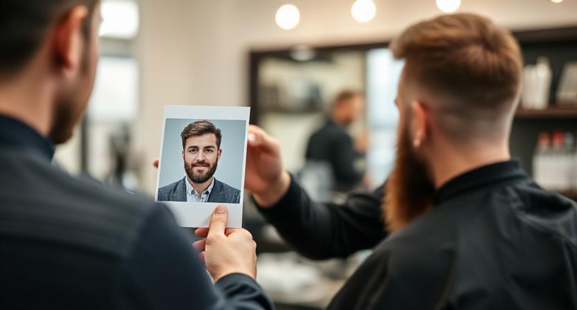 Man at a barbershop showing the reference image for a low taper haircut.