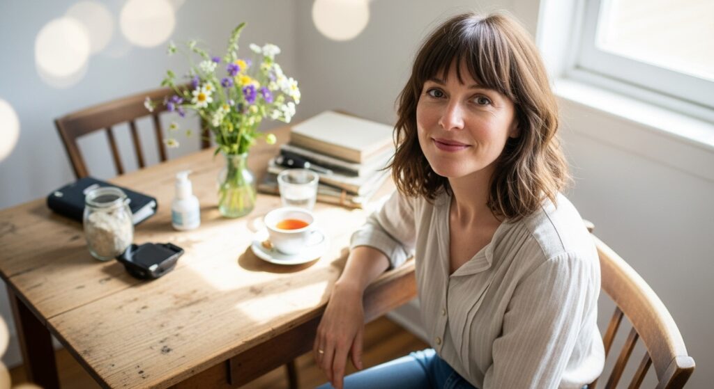 Woman with curtain bangs and shoulder length haircut at cafe.