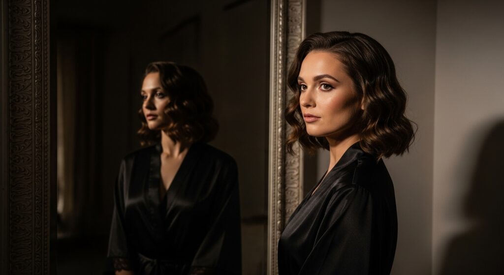 Girl with short shoulder length hairstyle is looking into the mirror.