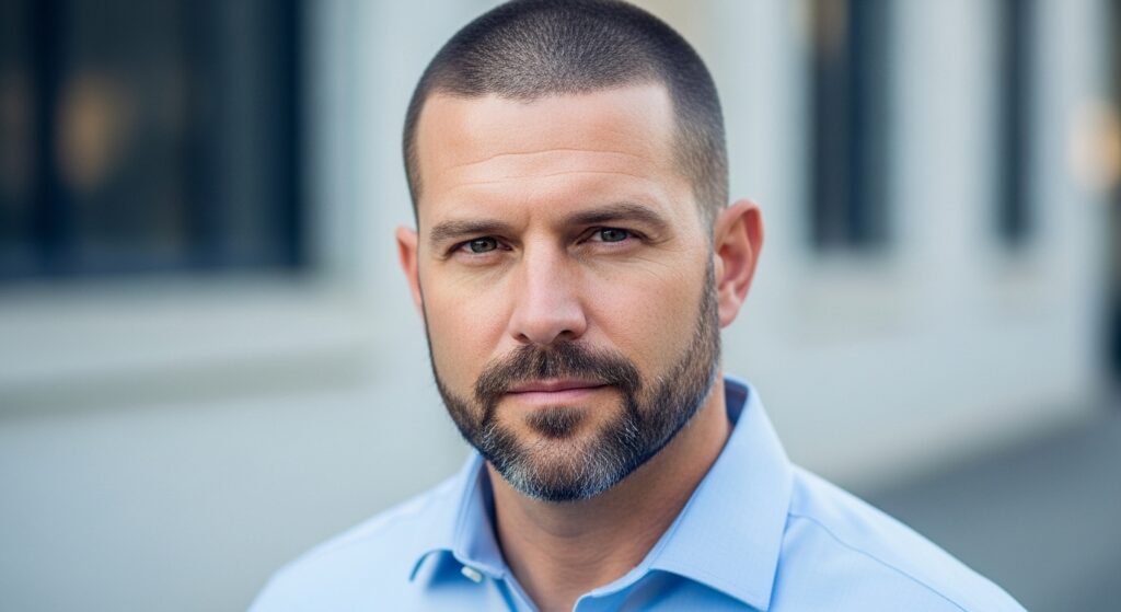 Man with a conservative crew cut and a clean, smart beard.
