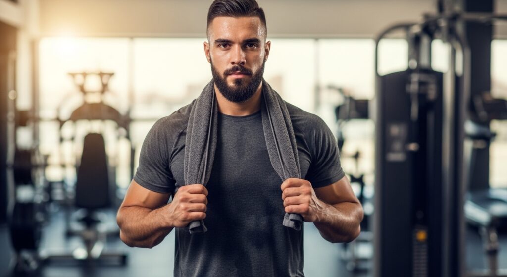 Athletic man with short haircut and a neat beard after a workout.

