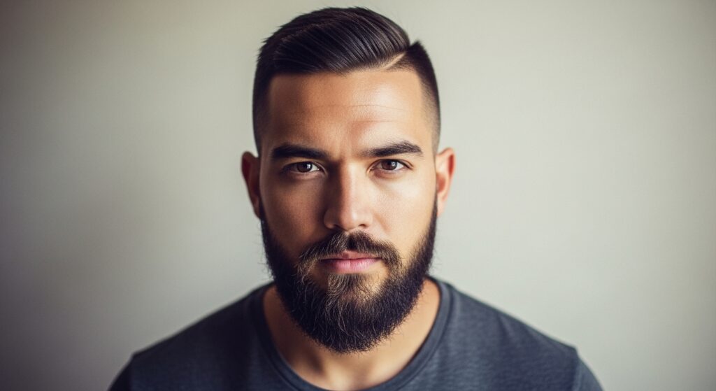 Confident man with a very short buzz cut and a neat, full beard.