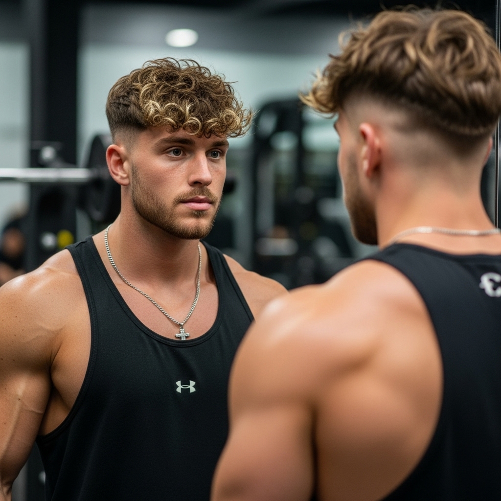 A connoisseur of gym fashion is habitually observing his defined broccoli haircut curls in a mirror.
