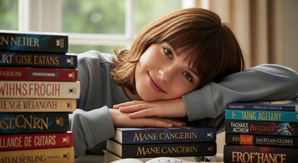 Teen girl with mid-length shoulder haircut is going through her favorite books.