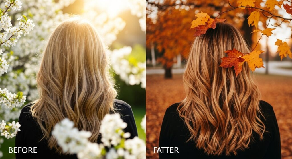 A set of before and after pictures showing different honey blonde in spring and fall.