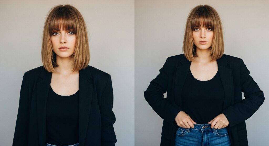 A woman standing with her side view and she is having nice long, straight hair and soft bangs are around her face"

