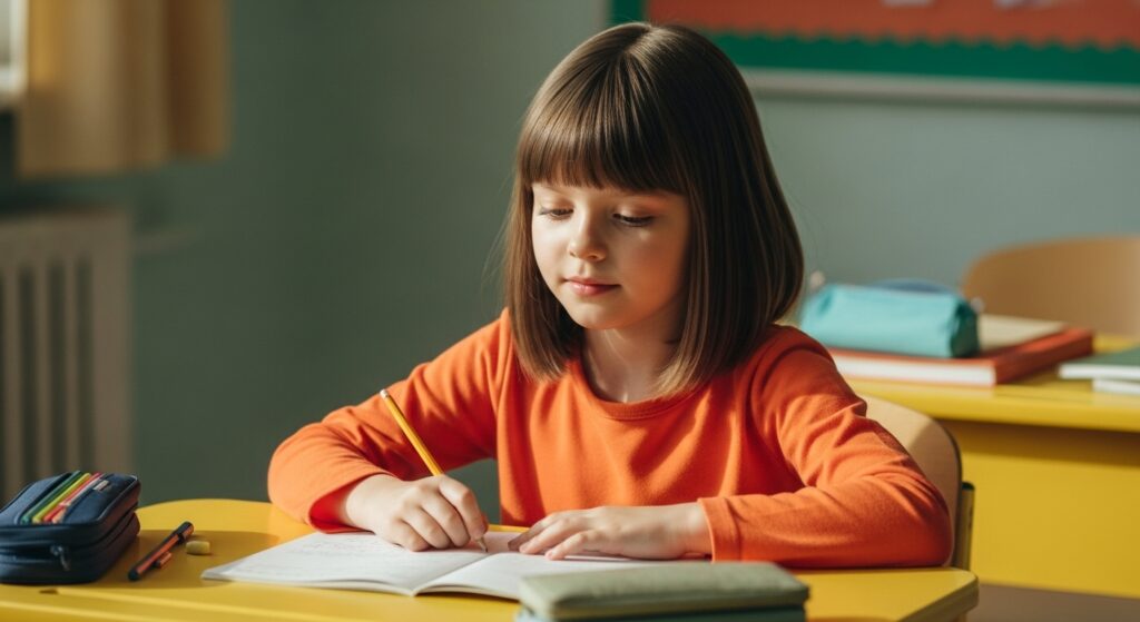 The young girl who got bangs and the shoulder-length haircut inside the classroom.

