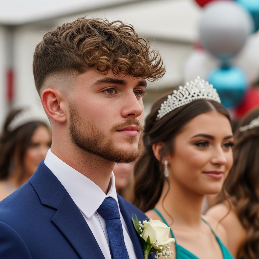 A prom snap featuring a cool teen boy who has a broccoli haircut.