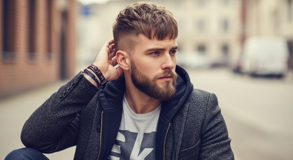 Fashionable guy with fresh-looking French crop haircut and hip beard.

