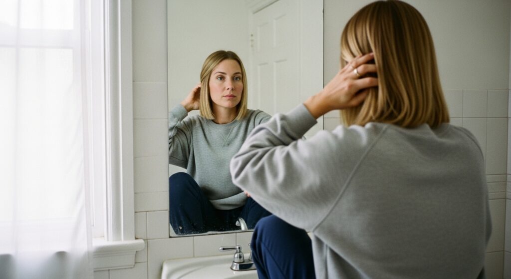 Woman with below shoulder length haircut looking sideways.

