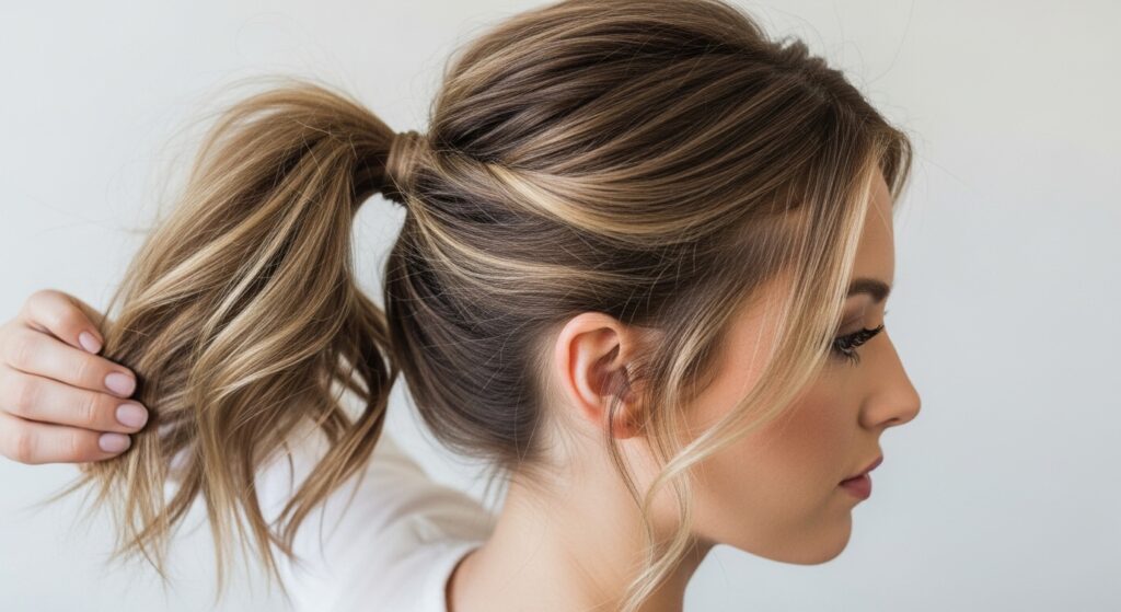 Face-framing layers and bangs on medium haircut tied into effortless ponytail"

