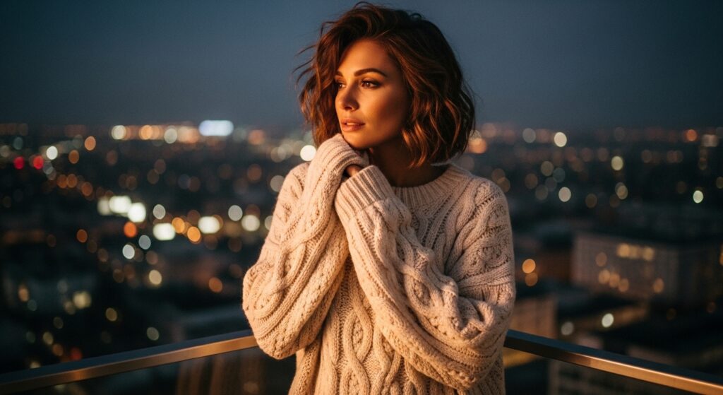 Woman with casual wavy shoulder length haircut relaxing