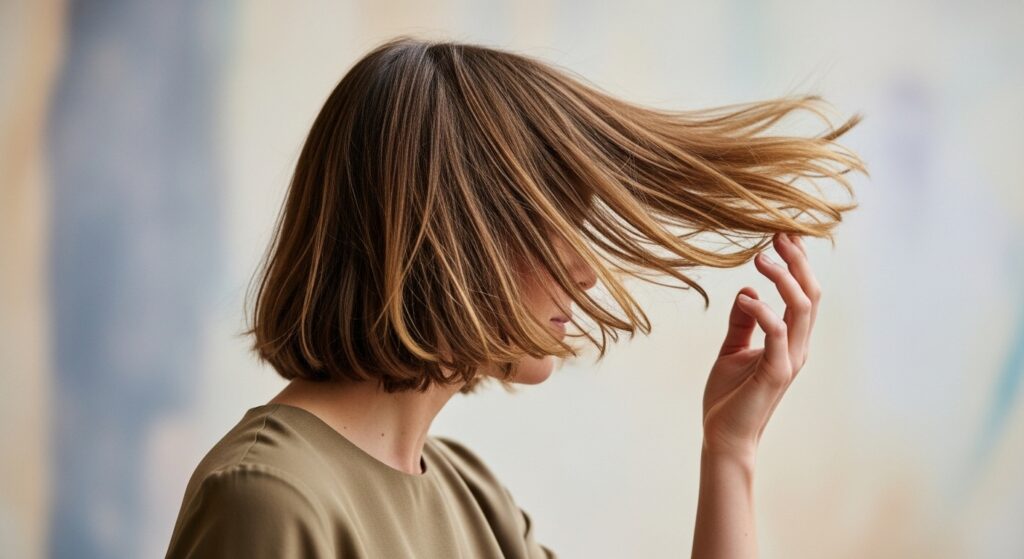 Woman with a shoulder length haircut for thin hair in a natural setting.