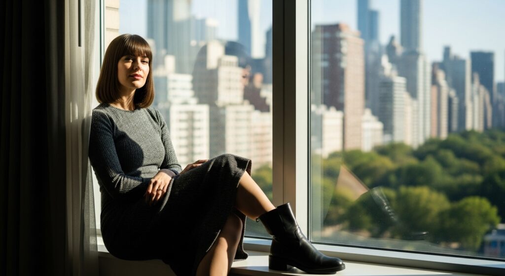 Woman with blunt shoulder-length haircut sitting indoors.