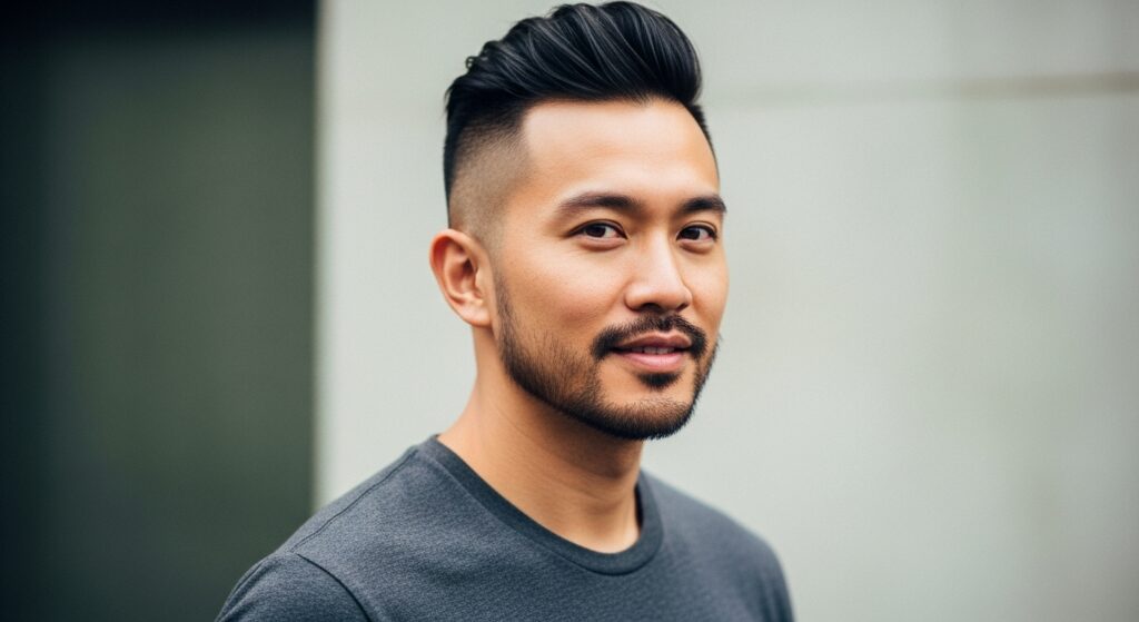 An Asian man with a short, sleek undercut haircut, the top slightly styled, and a short beard.