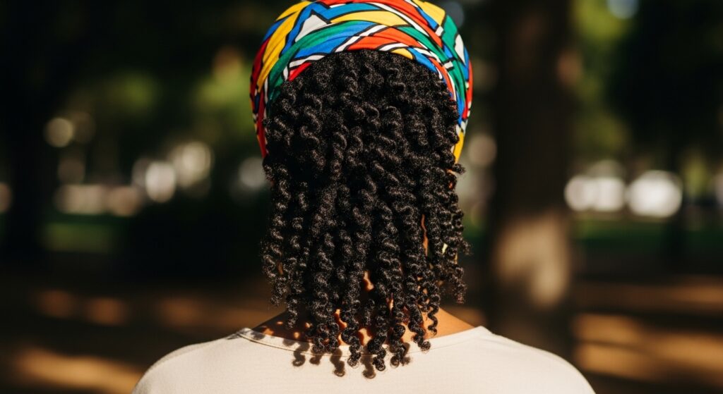 : Image showing the back view of a tightly coiled curly mullet with a scarf