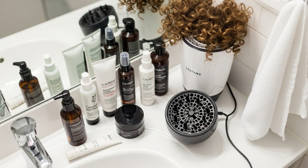 Bathroom counter with curly hair products and diffuser laid out