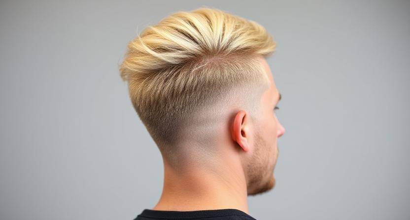  Blonde straight hair with natural touch low taper fade haircut.