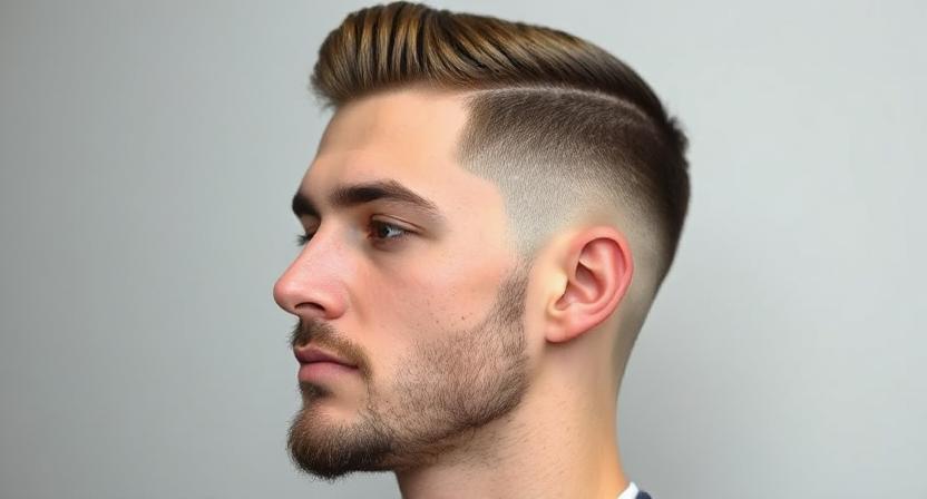  Crisp low taper fade on man with straight hair profile.