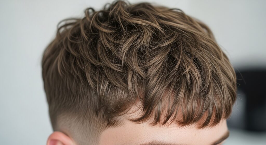 Textured bangs hairstyle for sharp features