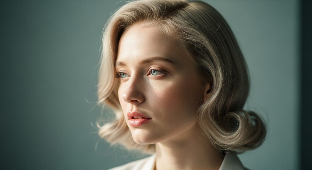 Fair-skinned woman with pale hair and soft, beige-blonde waves.