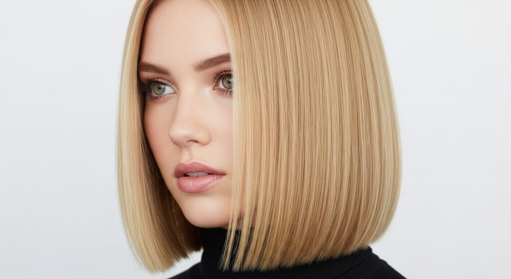 Sleek honey blonde bob haircut.