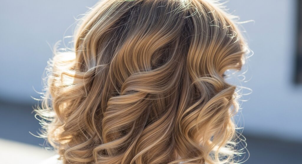Glossy curls showing off honey blonde highlights