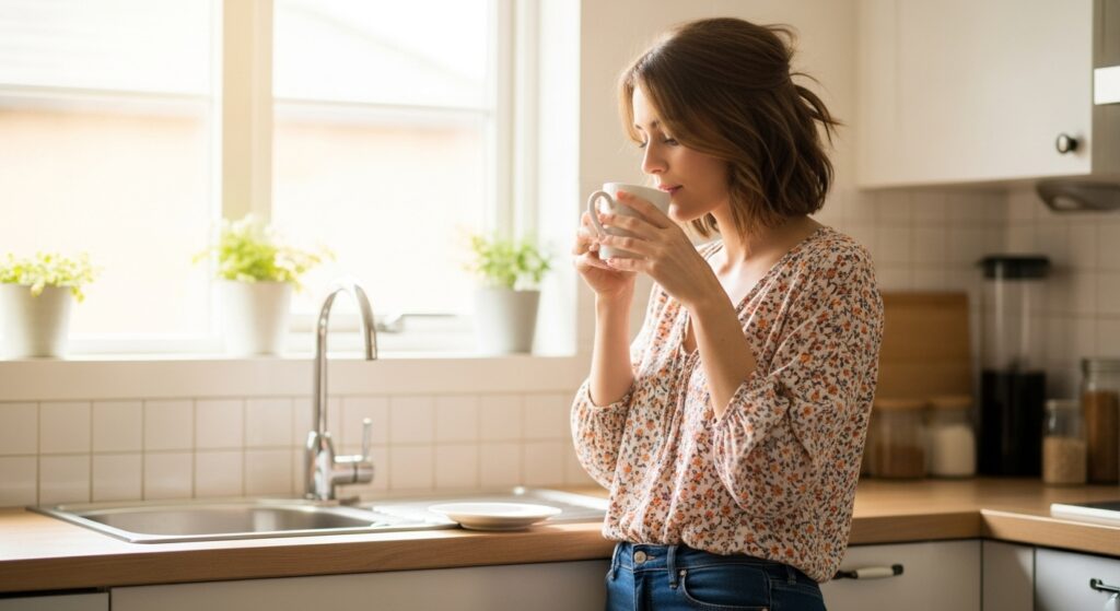 Beautifully-messy natural medium haircut with a woman wearing a cozy outfit and sipping coffee"

