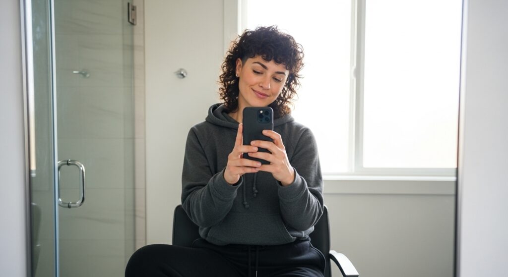 exposing a woman capturing her new curly mullet in the mirror