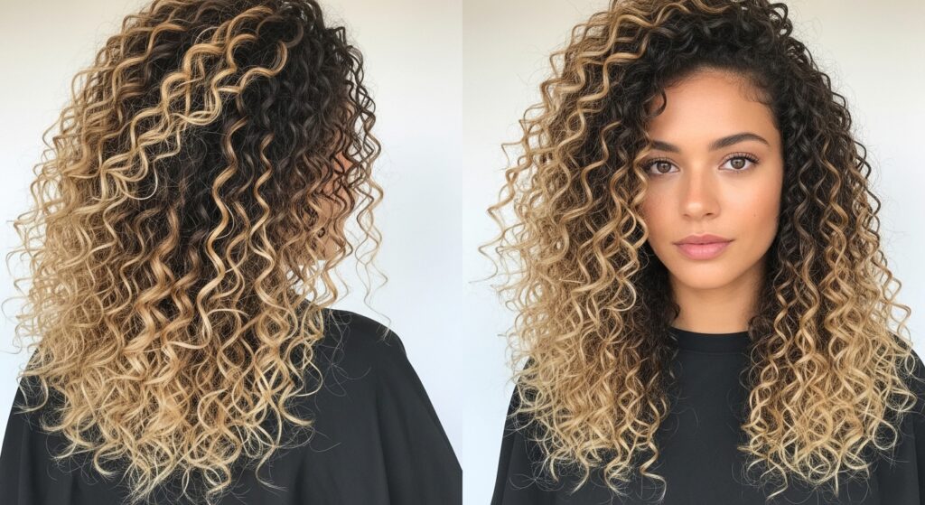 Natural curls enhanced with honey blonde color.