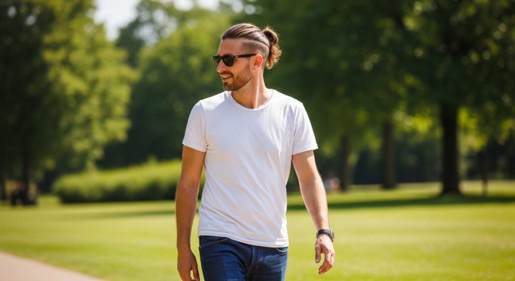 Half-up hairstyle on man with diamond face