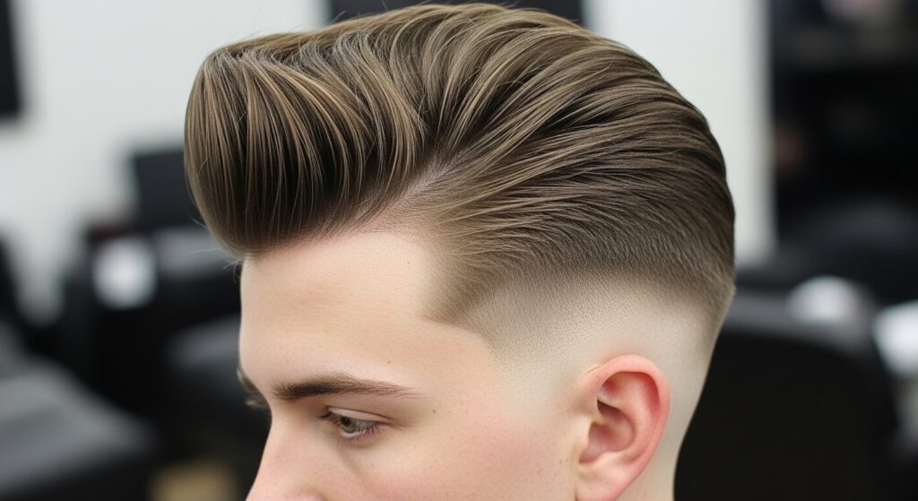 Pompadour hairstyle on chubby oval face man