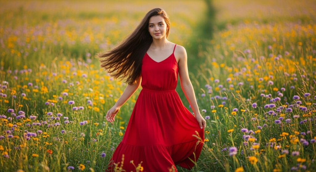 Shoulder-length hair blowing in the wind with sun-kissed streaks"

