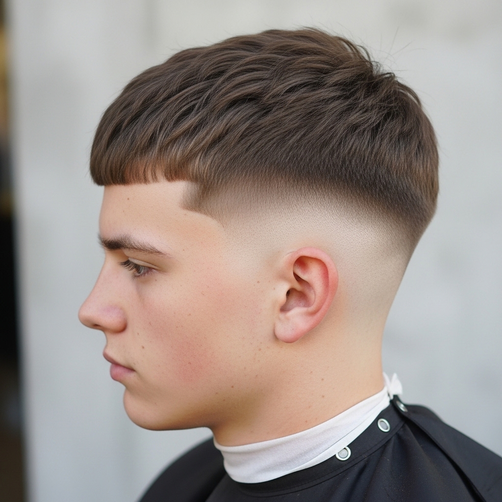 stating mid fade crew cut with clean edges