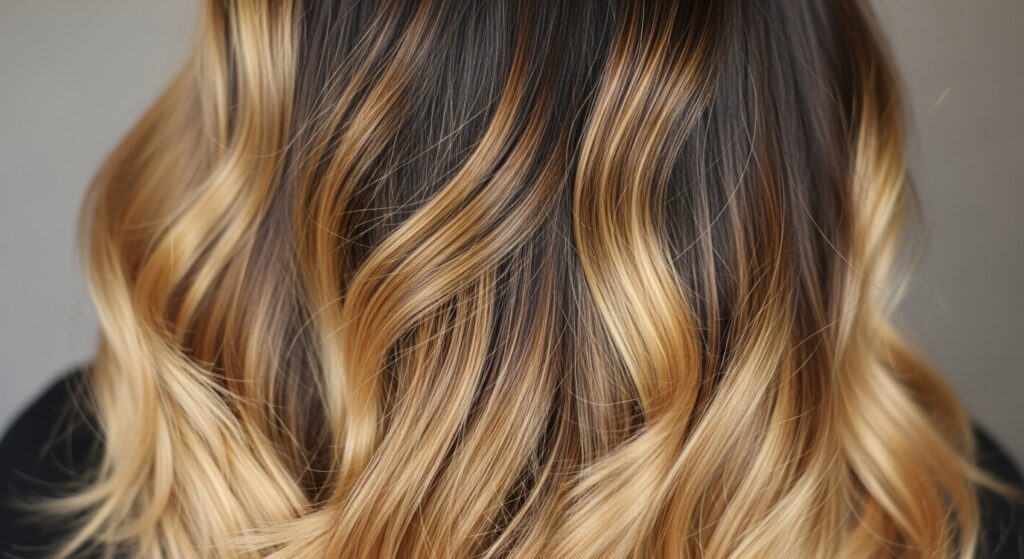 Honey blonde curly hairstyle with a dark skin tone.