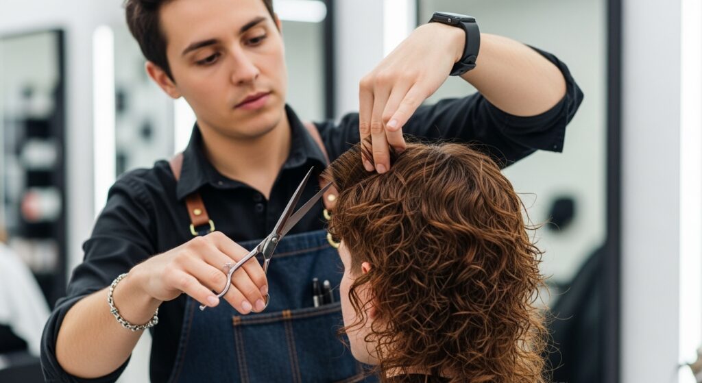  Image showing stylist shaping a curly mullet with scissors

