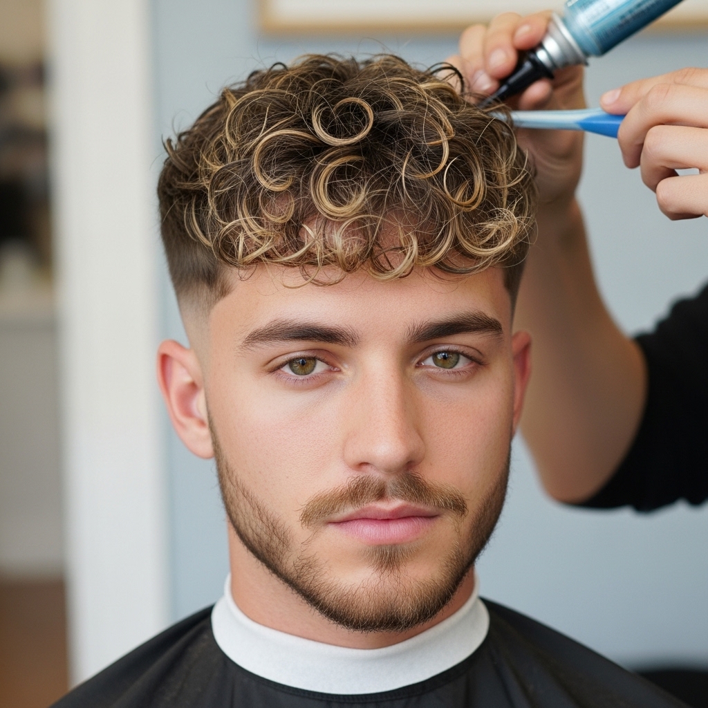 A teenager allows himself to be permed to have a straight-to-broccoli haircut makeover.