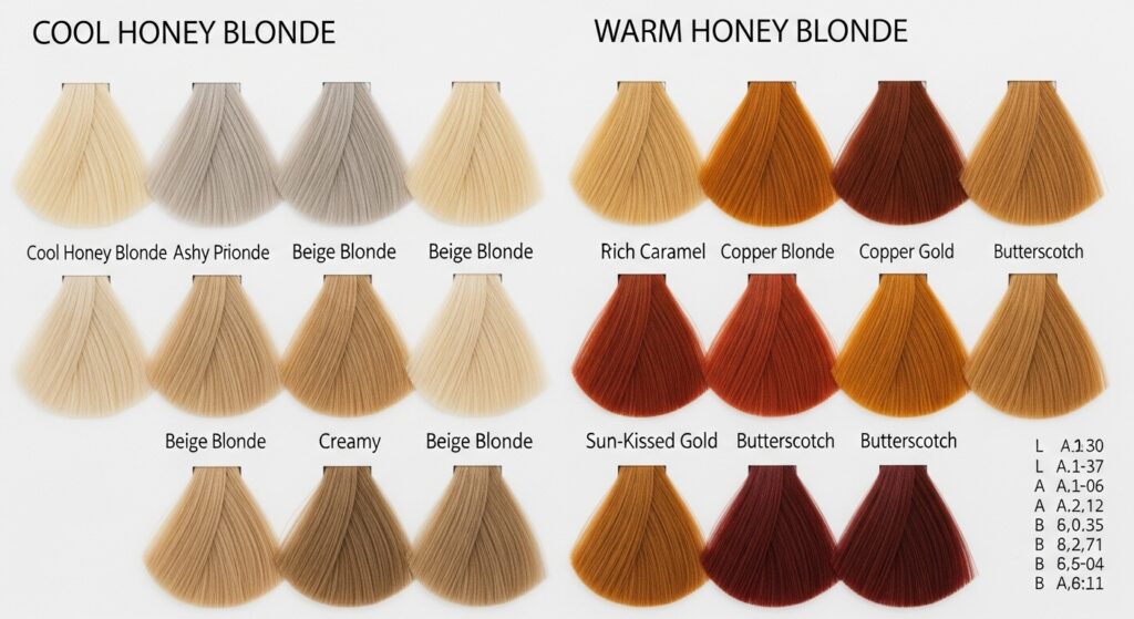 Warm and cool honey blonde hair color samples.