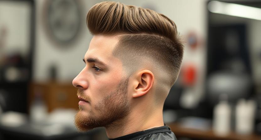 : On a round face, low taper fade with a straight hair quiff is.