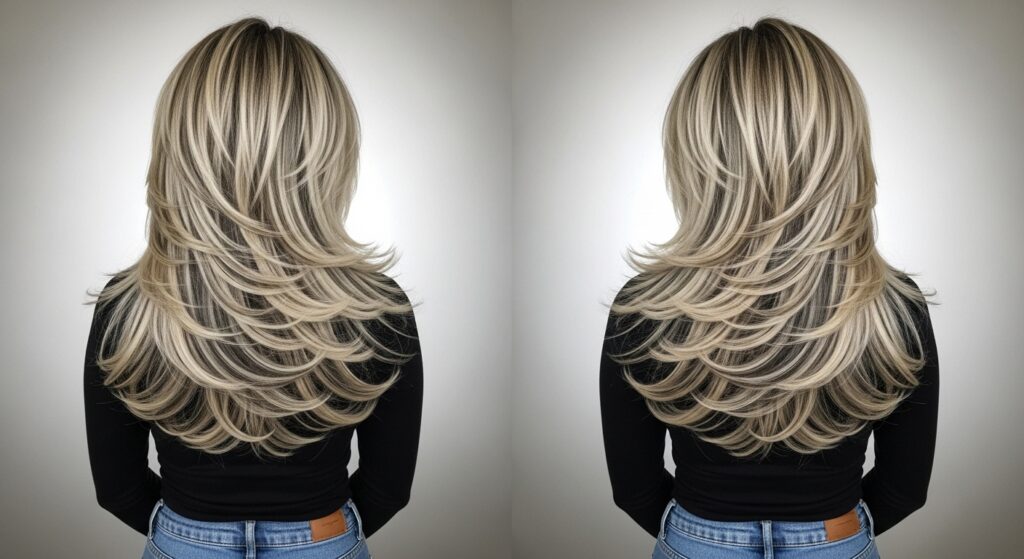 A thick-haired woman with long, layered cut in medium-length with blonde highlights"