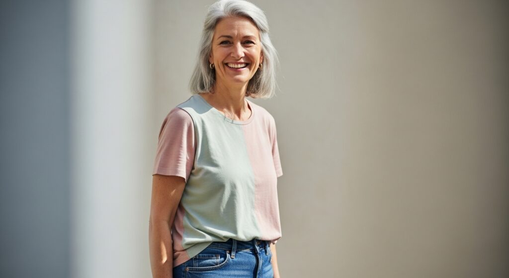  Woman is standing, with grey hair, smiling, and wearing simple everyday clothes.

