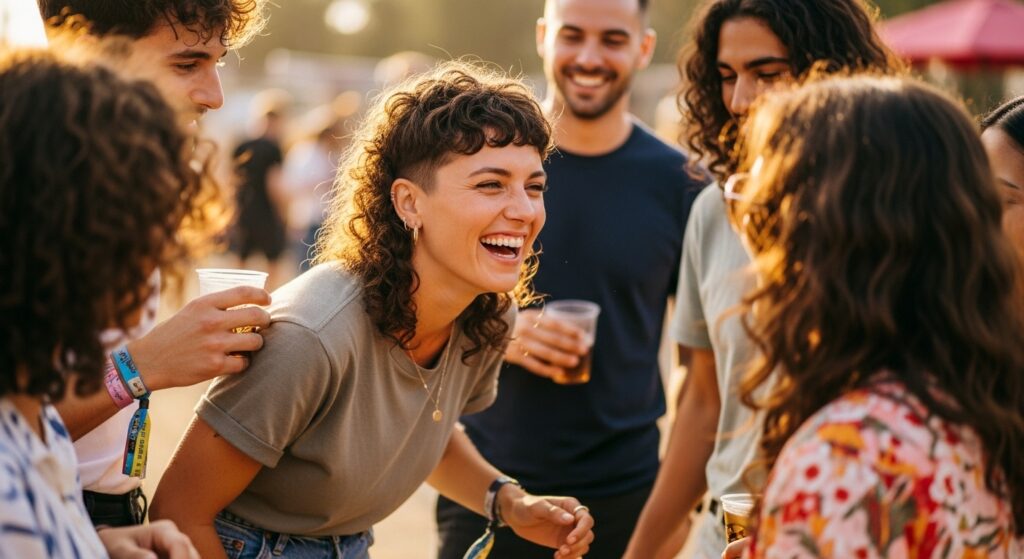 showing natural curly mullet on a woman laughing with friends
