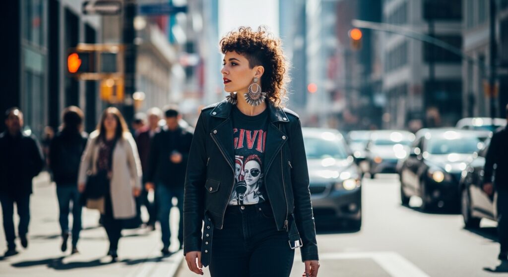 : Image showing a woman walking through city streets with a curly mullet
