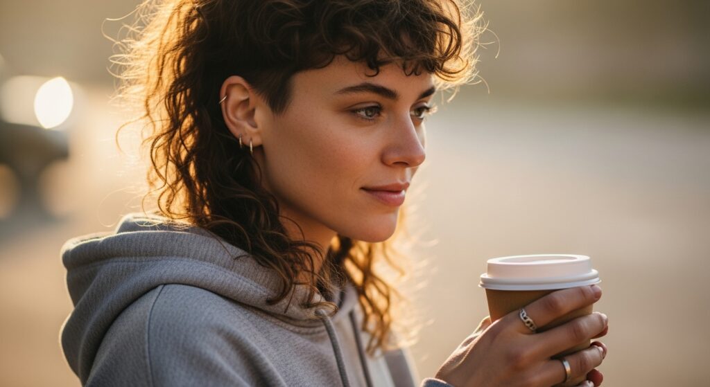  Image showing messy curly mullet styled casually in the morning