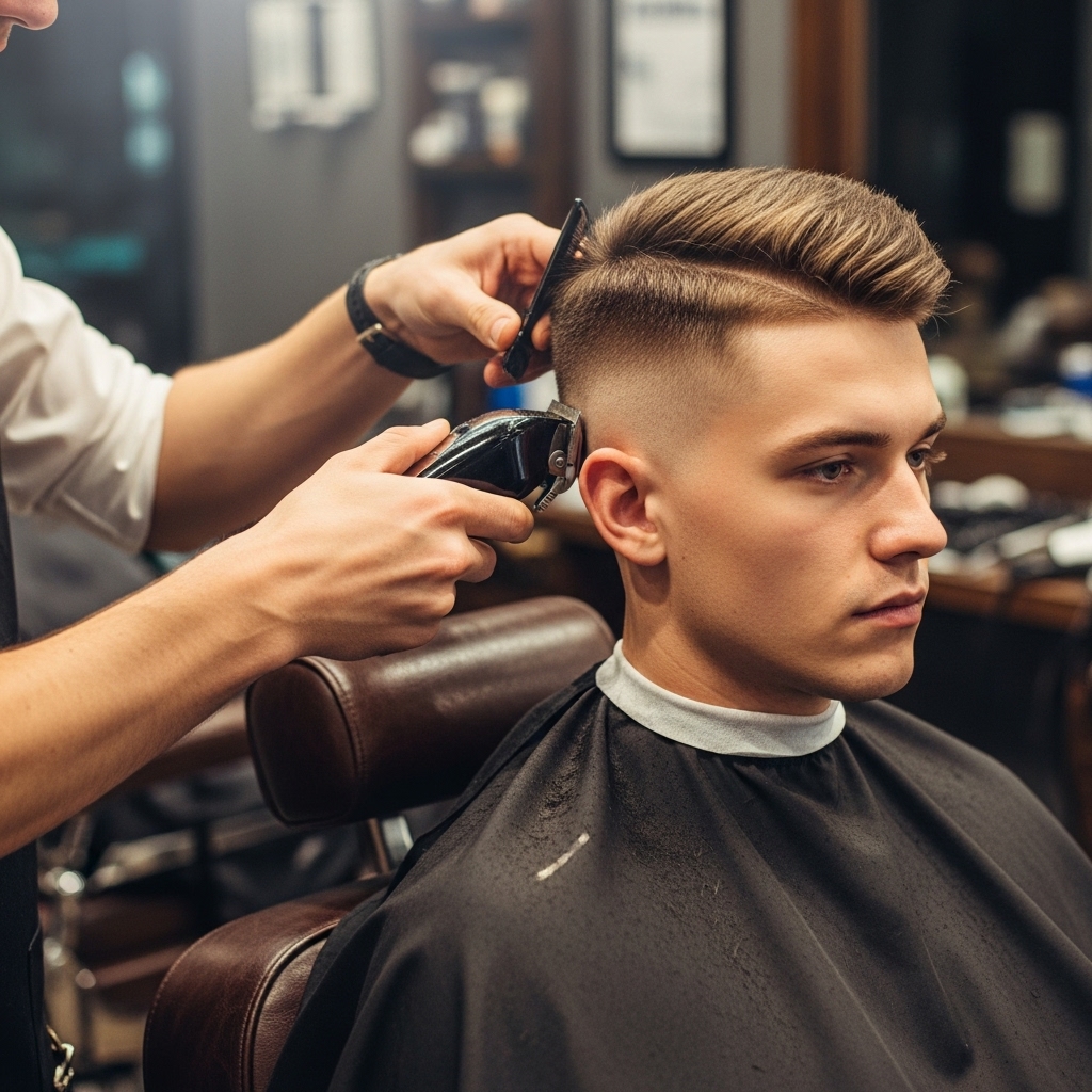 man getting a clean crew cut at a barbershop