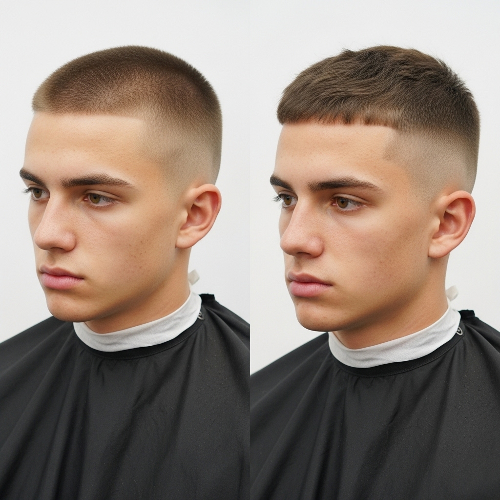comparison of buzz cut vs crew cut on two men